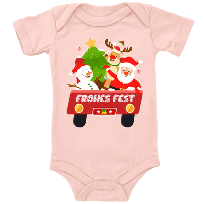 Frohes Fest, Weihnachtsmann , Schneemann, Elch und Tannenbaum im Weihnachtsauto