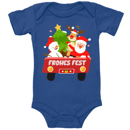 Frohes Fest, Weihnachtsmann , Schneemann, Elch und Tannenbaum im Weihnachtsauto