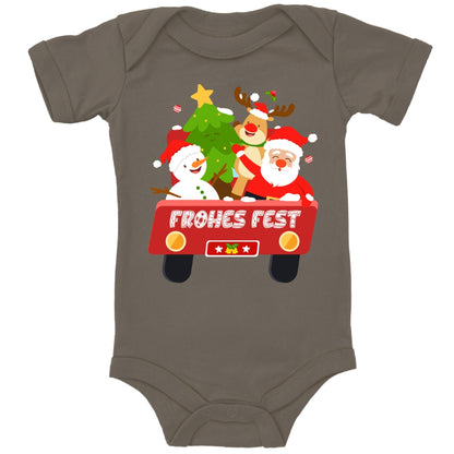 Frohes Fest, Weihnachtsmann , Schneemann, Elch und Tannenbaum im Weihnachtsauto