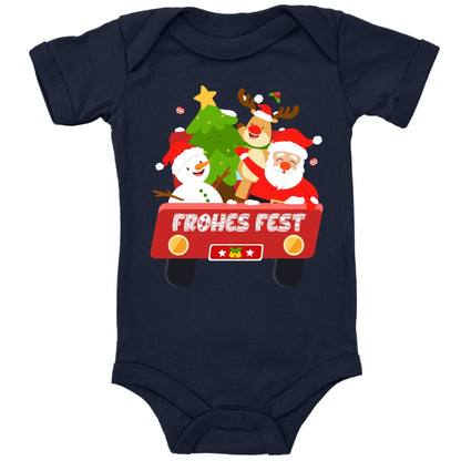 Frohes Fest, Weihnachtsmann , Schneemann, Elch und Tannenbaum im Weihnachtsauto