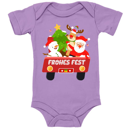 Frohes Fest, Weihnachtsmann , Schneemann, Elch und Tannenbaum im Weihnachtsauto