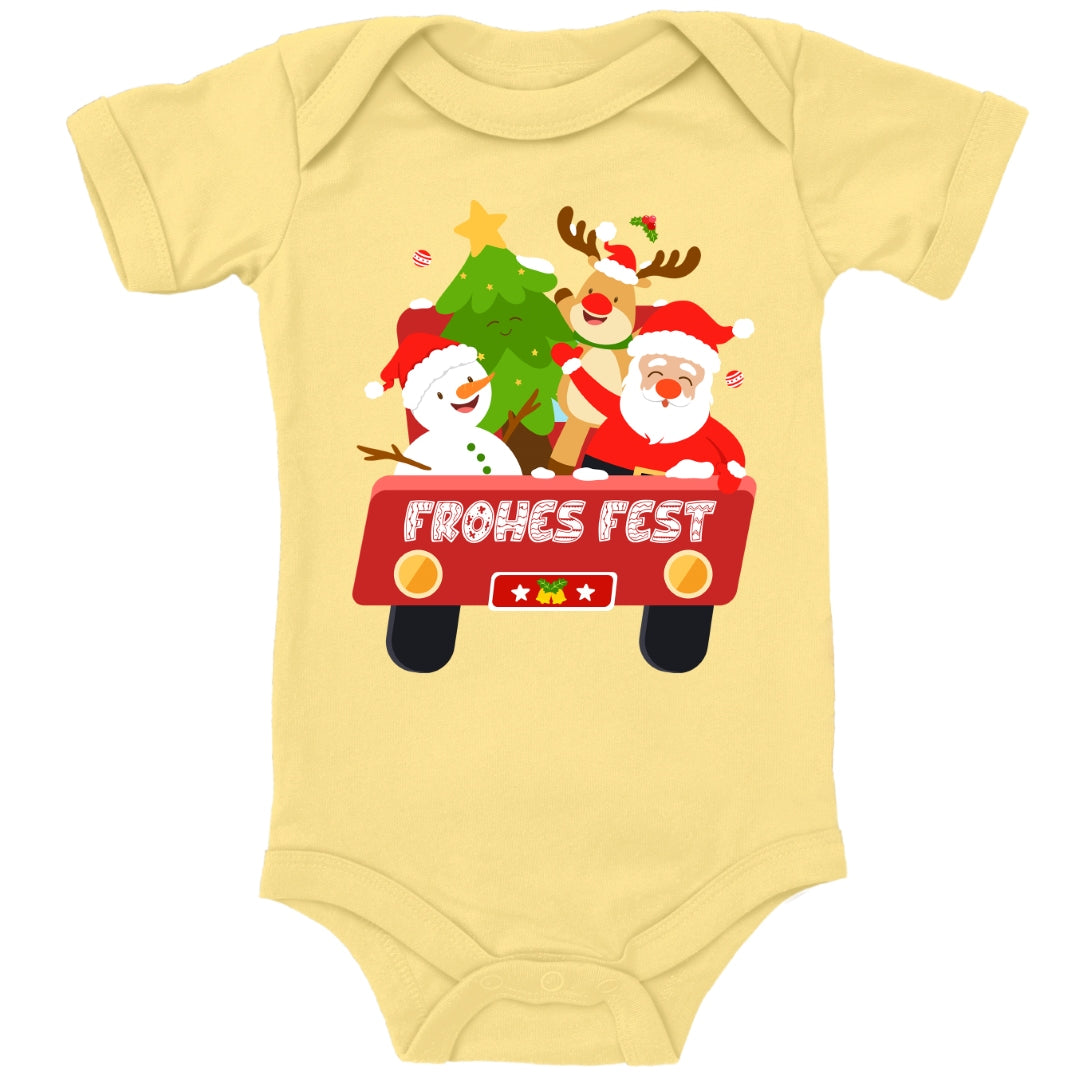 Frohes Fest, Weihnachtsmann , Schneemann, Elch und Tannenbaum im Weihnachtsauto