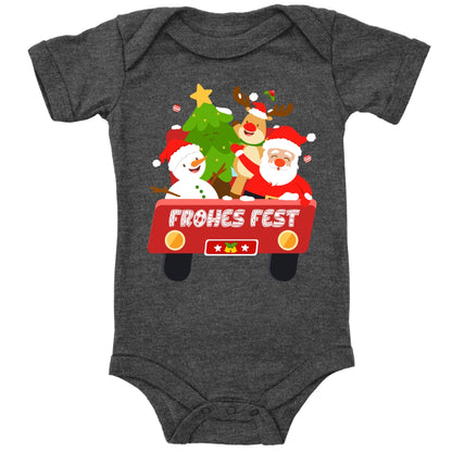 Frohes Fest, Weihnachtsmann , Schneemann, Elch und Tannenbaum im Weihnachtsauto