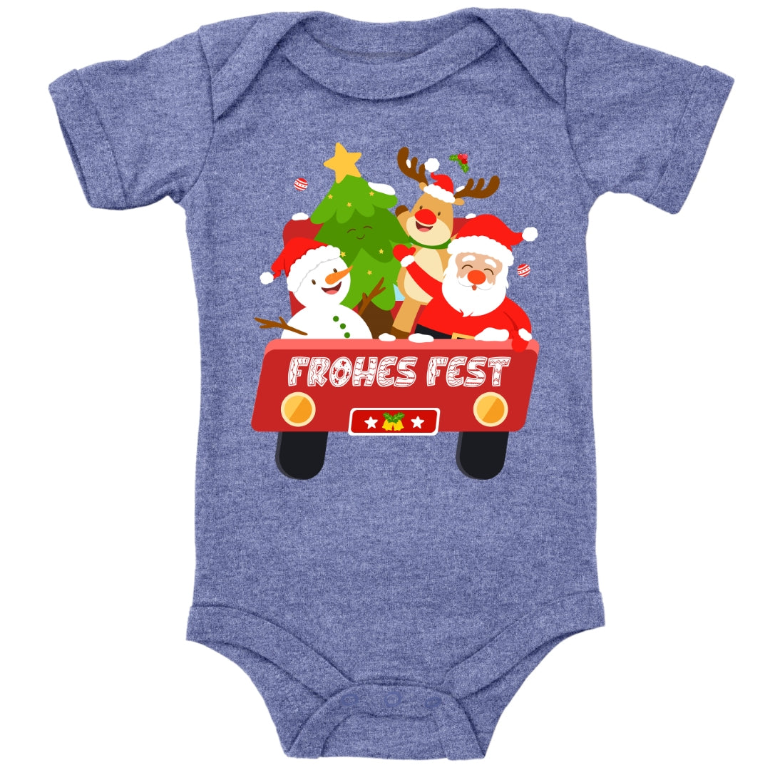 Frohes Fest, Weihnachtsmann , Schneemann, Elch und Tannenbaum im Weihnachtsauto