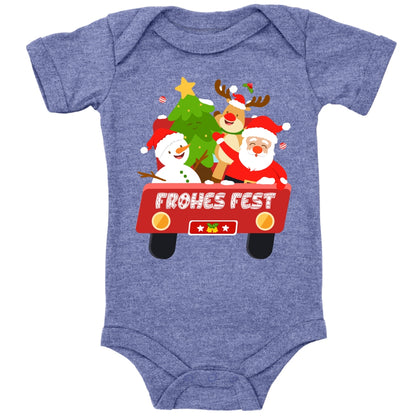 Frohes Fest, Weihnachtsmann , Schneemann, Elch und Tannenbaum im Weihnachtsauto