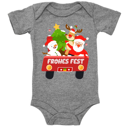 Frohes Fest, Weihnachtsmann , Schneemann, Elch und Tannenbaum im Weihnachtsauto