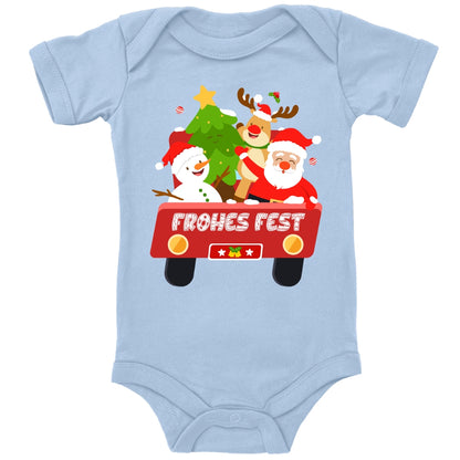 Frohes Fest, Weihnachtsmann , Schneemann, Elch und Tannenbaum im Weihnachtsauto