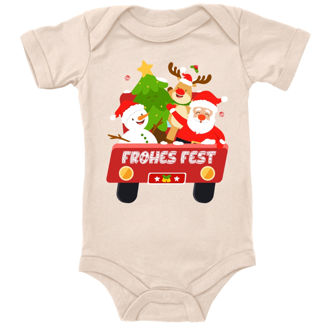 Frohes Fest, Weihnachtsmann , Schneemann, Elch und Tannenbaum im Weihnachtsauto