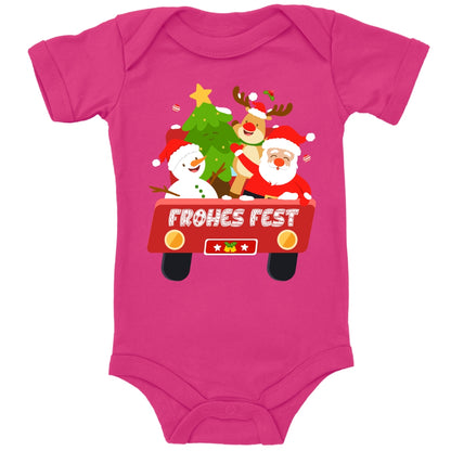 Frohes Fest, Weihnachtsmann , Schneemann, Elch und Tannenbaum im Weihnachtsauto