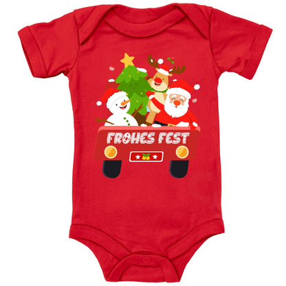 Frohes Fest, Weihnachtsmann , Schneemann, Elch und Tannenbaum im Weihnachtsauto