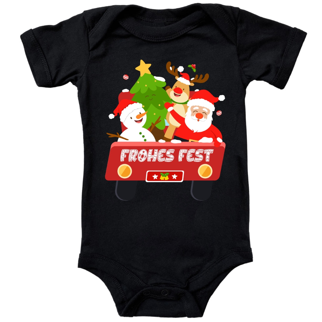 Frohes Fest, Weihnachtsmann , Schneemann, Elch und Tannenbaum im Weihnachtsauto