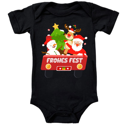 Frohes Fest, Weihnachtsmann , Schneemann, Elch und Tannenbaum im Weihnachtsauto