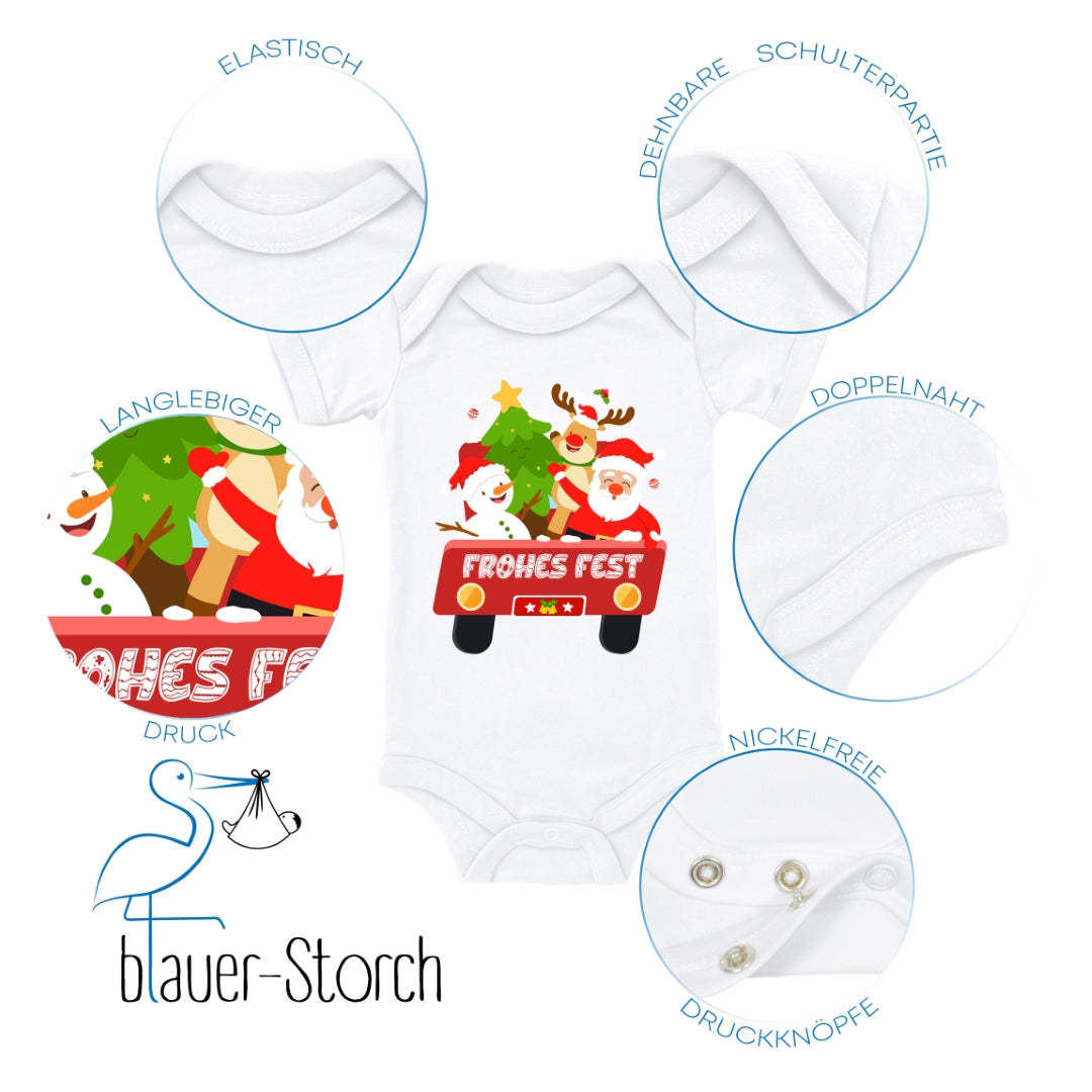 Frohes Fest, Weihnachtsmann , Schneemann, Elch und Tannenbaum im Weihnachtsauto