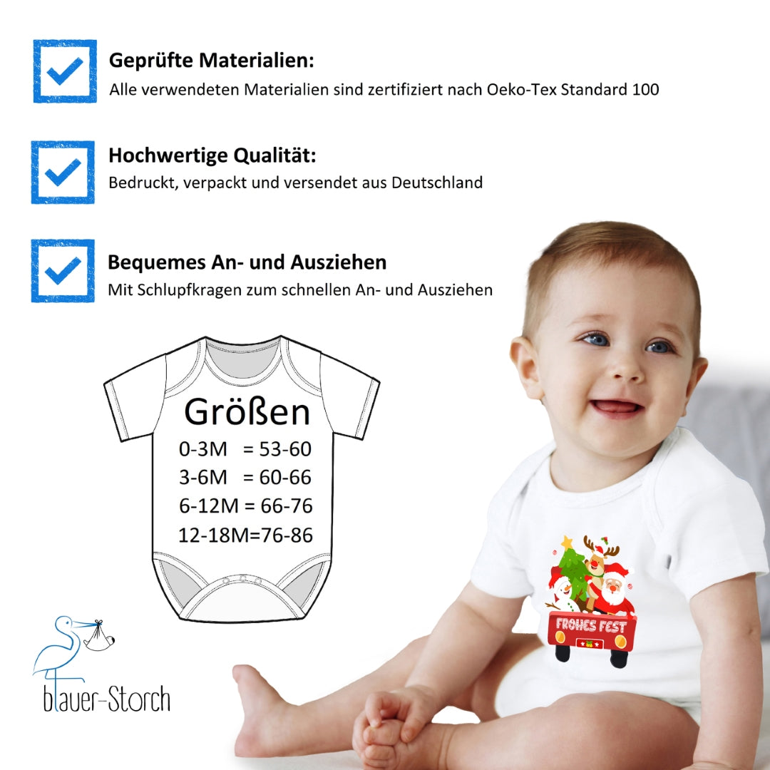 Frohes Fest, Weihnachtsmann , Schneemann, Elch und Tannenbaum im Weihnachtsauto