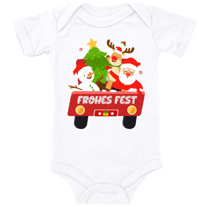 Frohes Fest, Weihnachtsmann , Schneemann, Elch und Tannenbaum im Weihnachtsauto