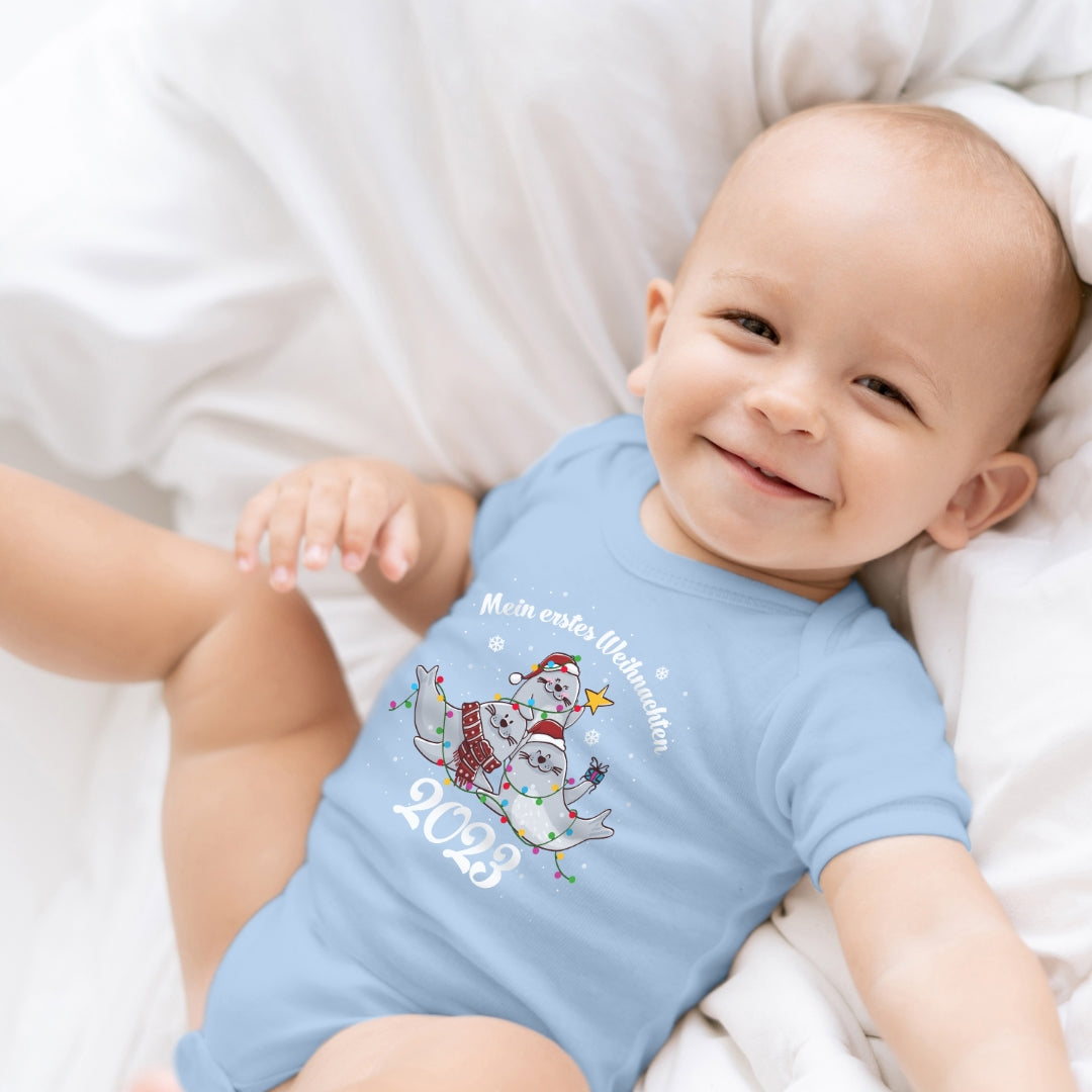 Mein erstes Weihnachten , Seerobben mit Weihnachtsmützen feiern Weihnachten