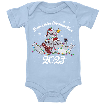 Mein erstes Weihnachten , Seerobben mit Weihnachtsmützen feiern Weihnachten