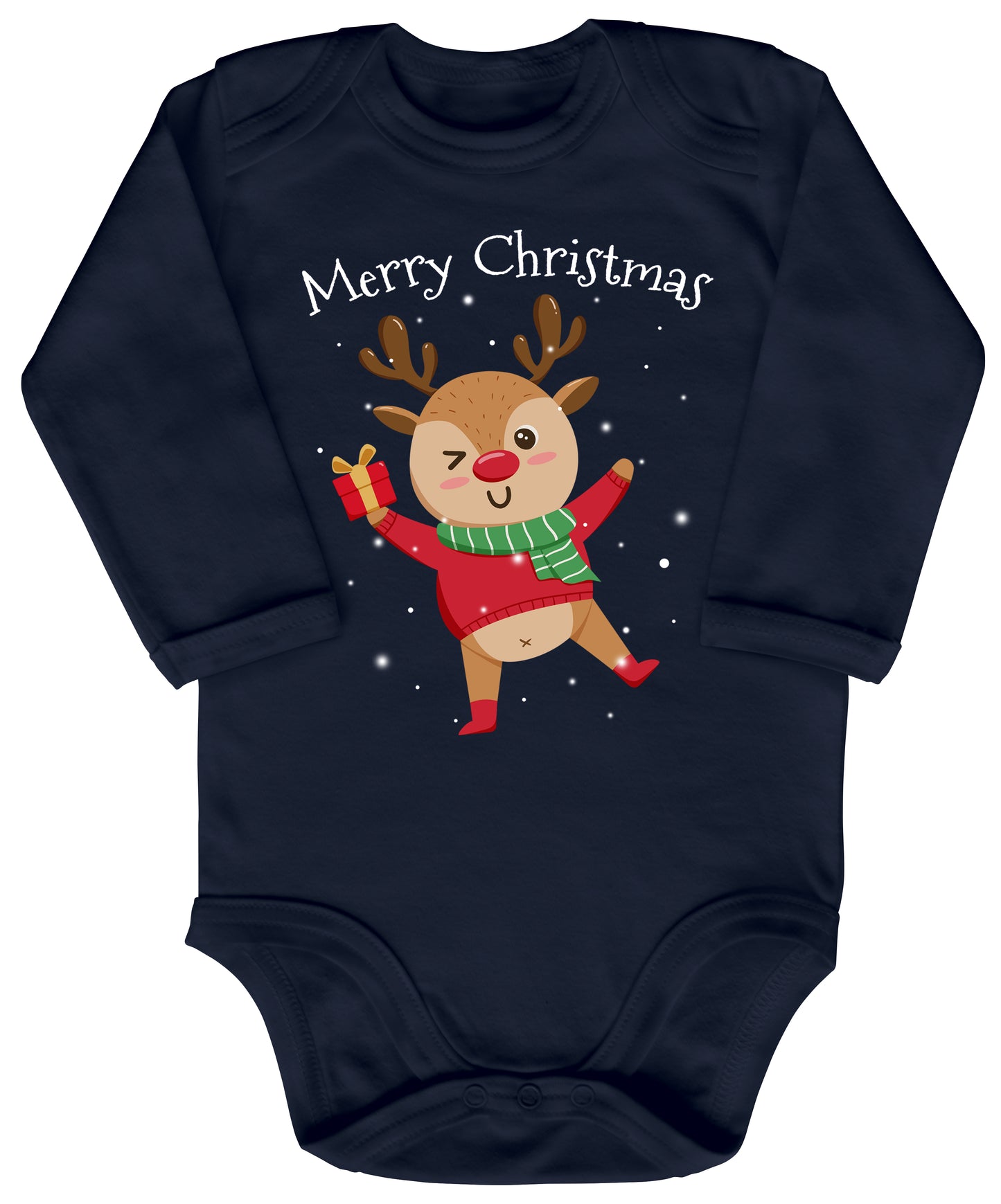 Merry christmas, fröhliches Rentier tanzt im Schnee