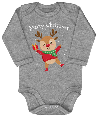 Merry christmas, fröhliches Rentier tanzt im Schnee