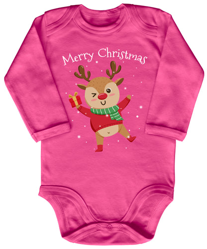 Merry christmas, fröhliches Rentier tanzt im Schnee