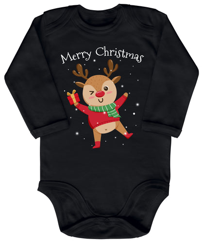 Merry christmas, fröhliches Rentier tanzt im Schnee