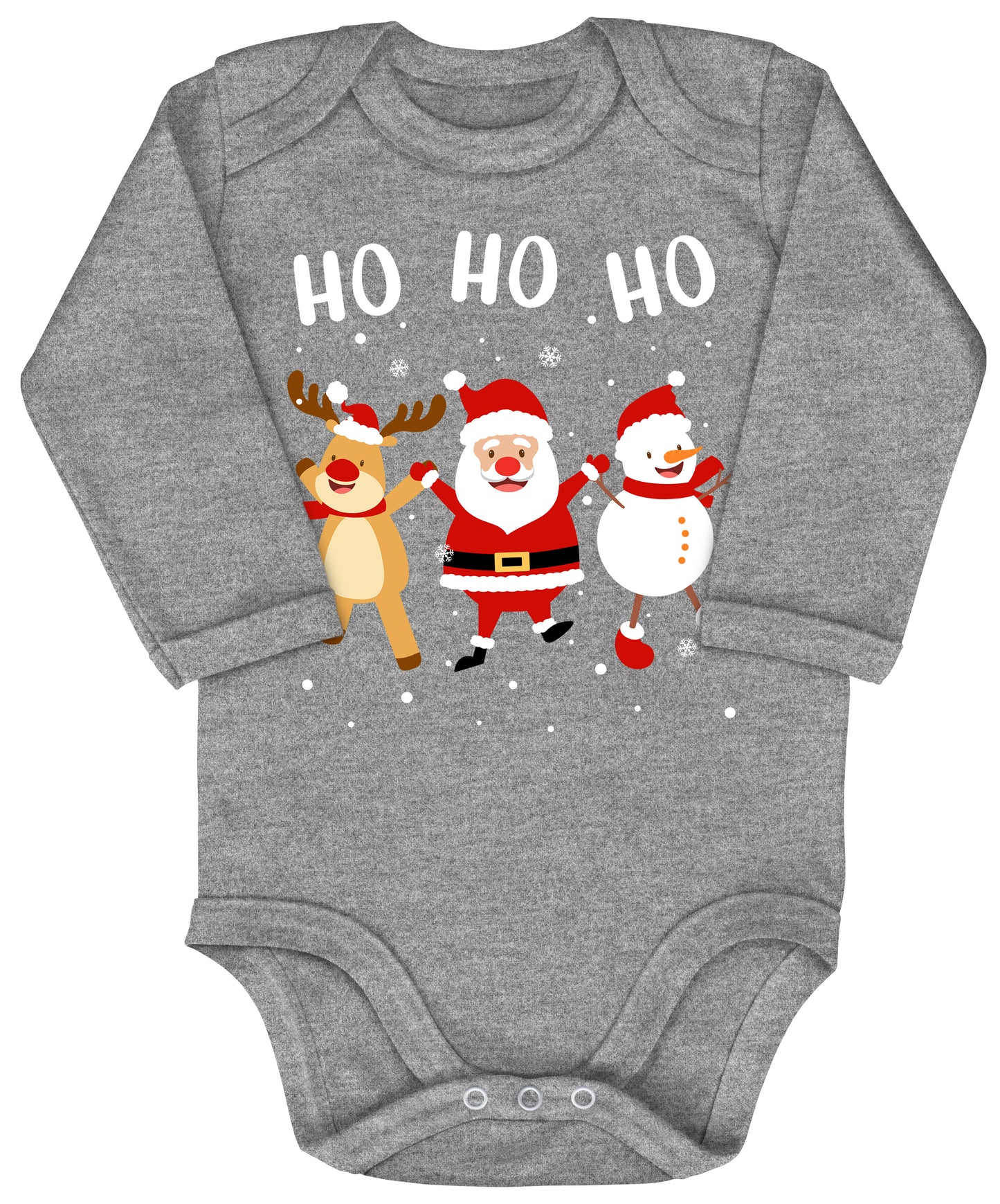 Ho Ho Ho, Weihnachtsmann, Schneemann und Elch tanzen im Schnee