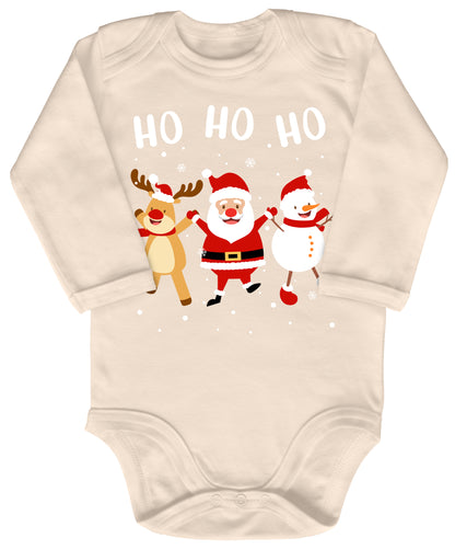 Ho Ho Ho, Weihnachtsmann, Schneemann und Elch tanzen im Schnee