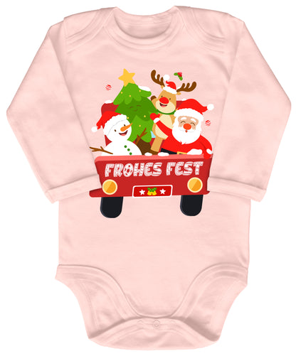 Frohes Fest, Weihnachtsmann , Schneemann, Elch und Tannenbaum im Weihnachtsauto