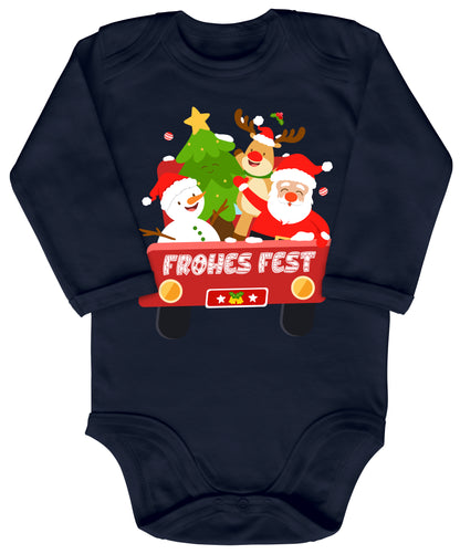 Frohes Fest, Weihnachtsmann , Schneemann, Elch und Tannenbaum im Weihnachtsauto