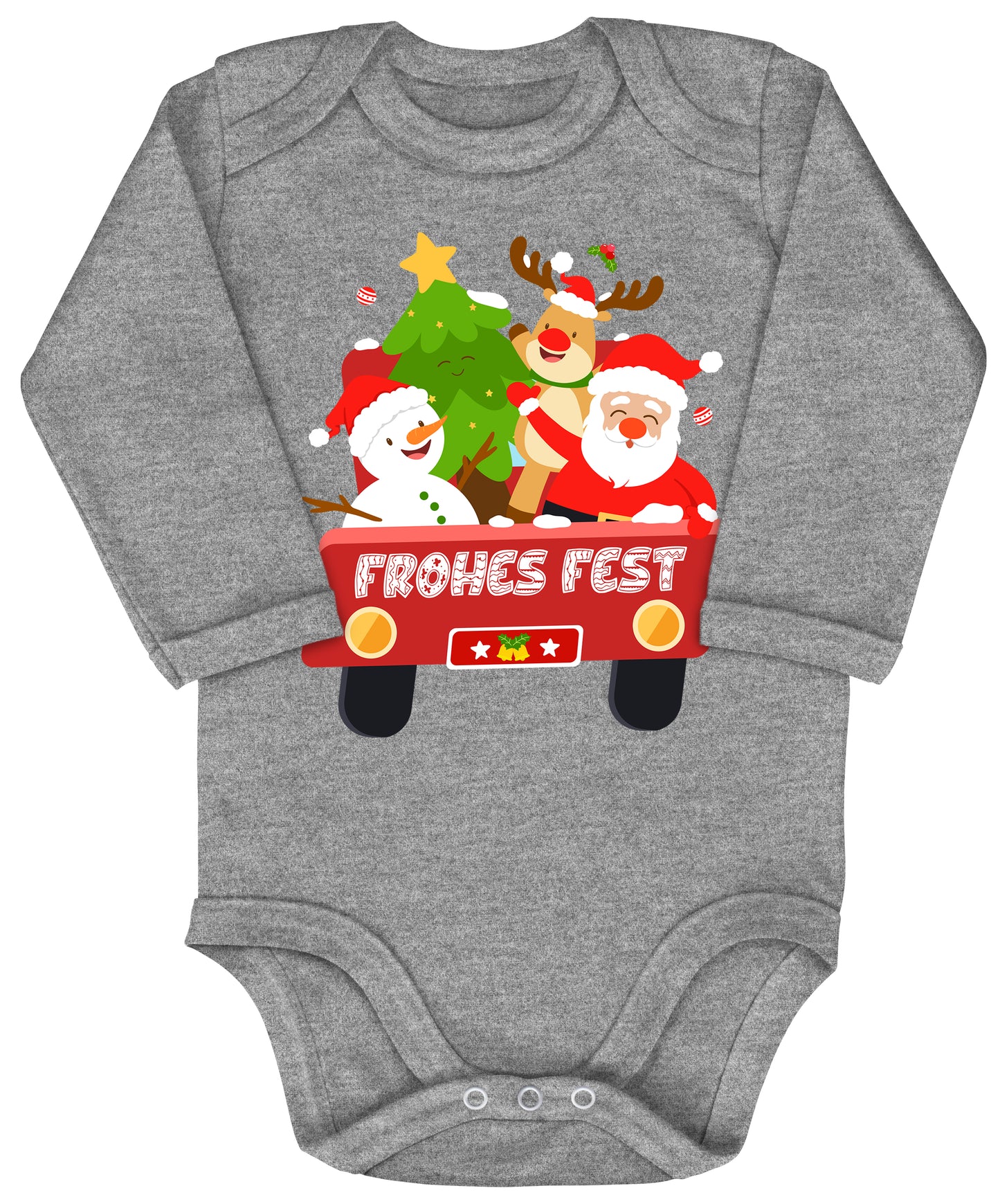 Frohes Fest, Weihnachtsmann , Schneemann, Elch und Tannenbaum im Weihnachtsauto