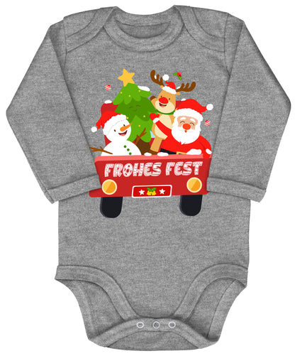 Frohes Fest, Weihnachtsmann , Schneemann, Elch und Tannenbaum im Weihnachtsauto