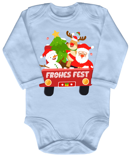 Frohes Fest, Weihnachtsmann , Schneemann, Elch und Tannenbaum im Weihnachtsauto