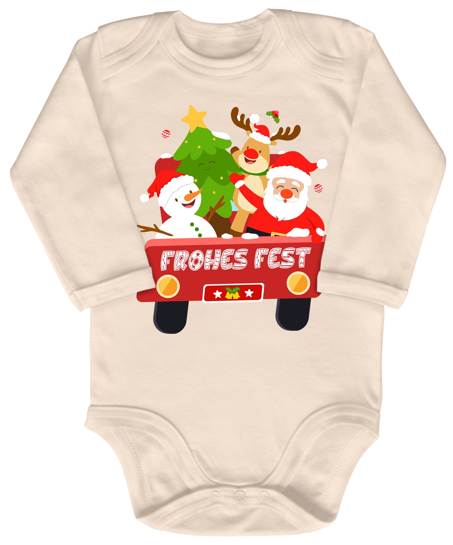 Frohes Fest, Weihnachtsmann , Schneemann, Elch und Tannenbaum im Weihnachtsauto