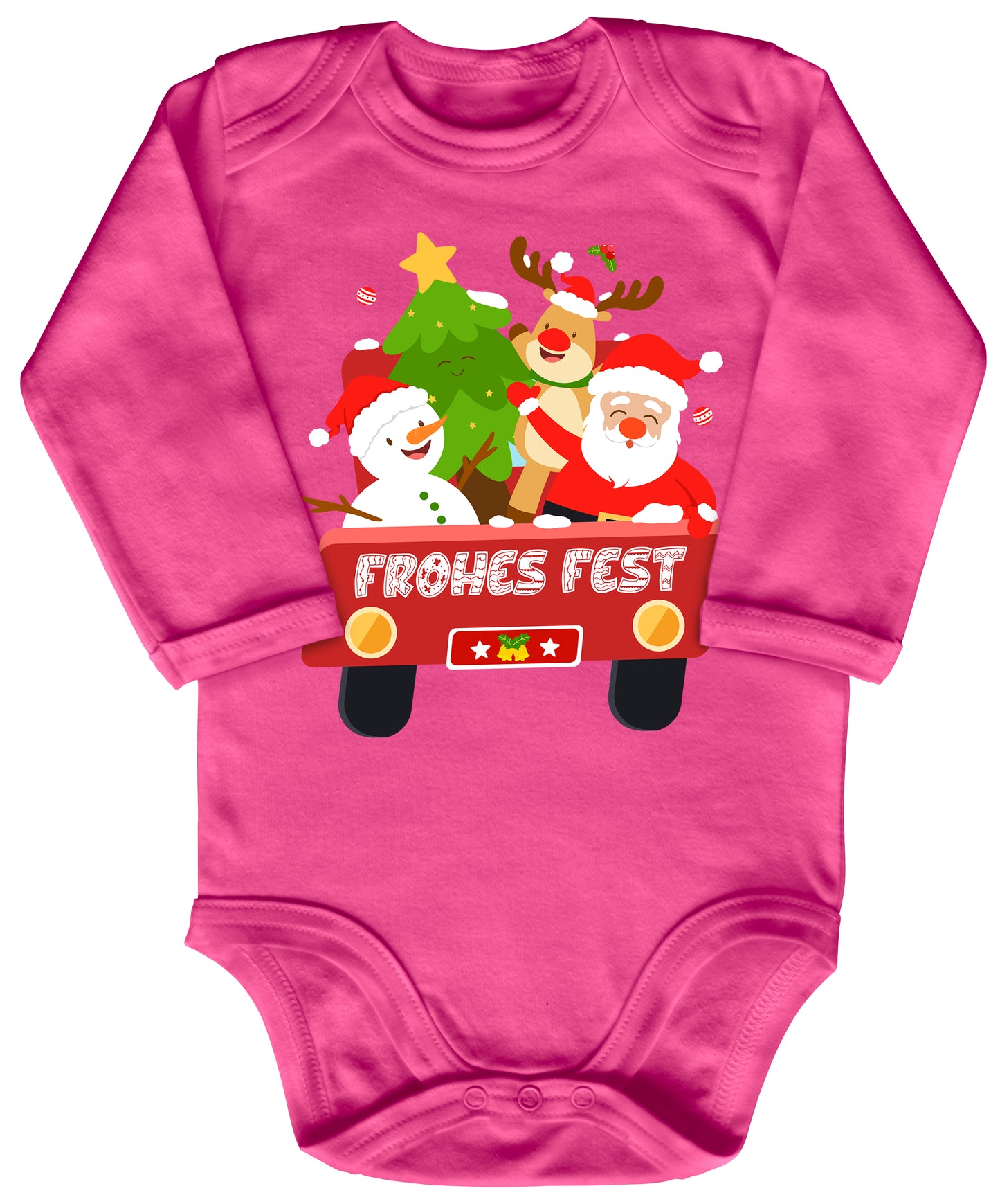 Frohes Fest, Weihnachtsmann , Schneemann, Elch und Tannenbaum im Weihnachtsauto