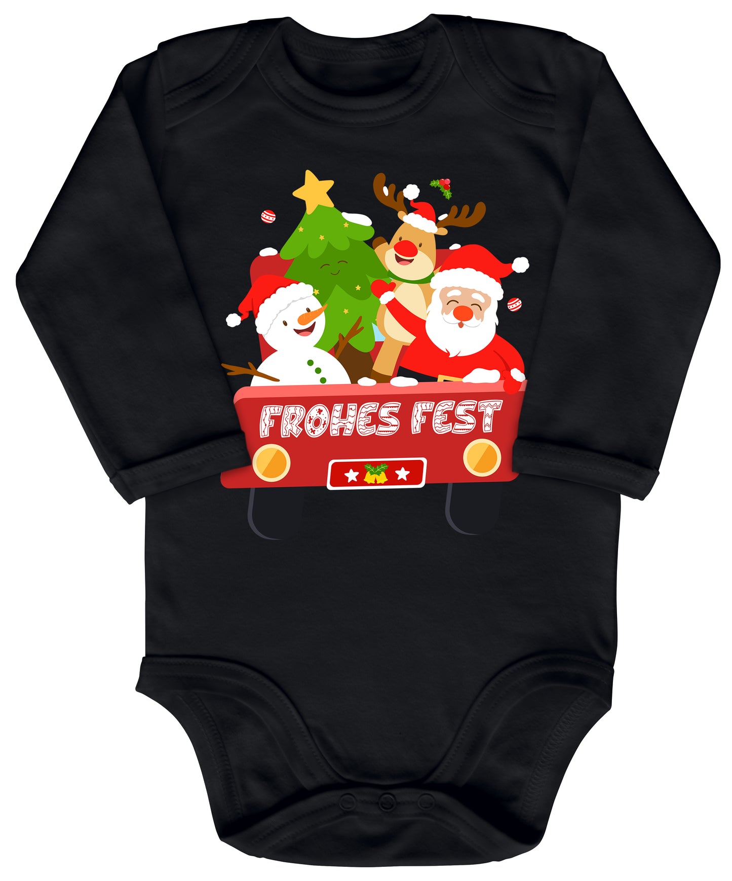 Frohes Fest, Weihnachtsmann , Schneemann, Elch und Tannenbaum im Weihnachtsauto