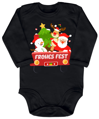 Frohes Fest, Weihnachtsmann , Schneemann, Elch und Tannenbaum im Weihnachtsauto