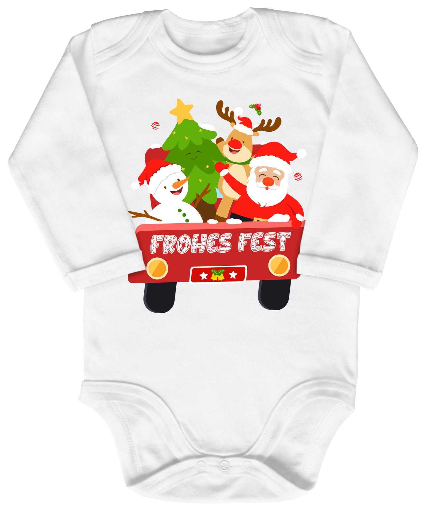 Frohes Fest, Weihnachtsmann , Schneemann, Elch und Tannenbaum im Weihnachtsauto