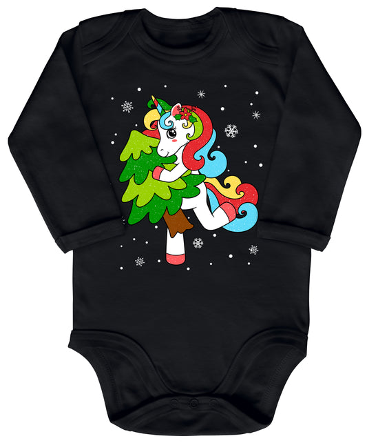 Weihnachtliches Glitzer Einhorn, Weihnachts-Unicorn tanzt mit Tannenbaum